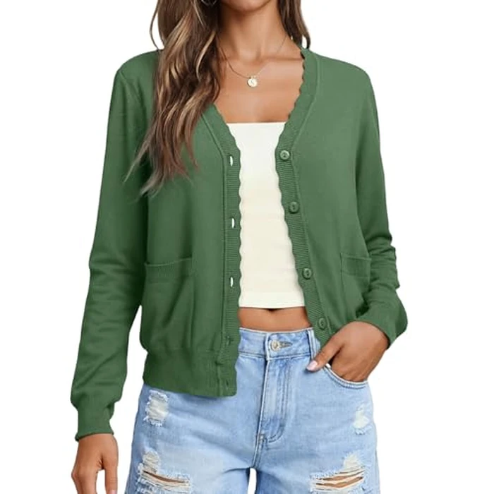 AGSEEM Womens Cardigan Sweaters Long Sleeve V Neck Lightweight Button Up with Pockets Knit Open Front Sweater, Army Green, Medium by AGSEEM - Used - Like New condition