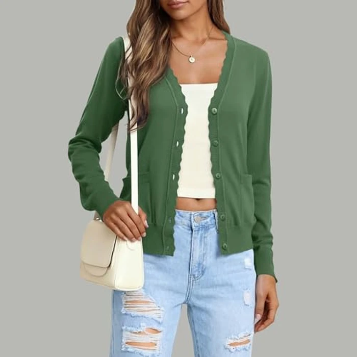 AGSEEM Womens Cardigan Sweaters Long Sleeve V Neck Lightweight Button Up with Pockets Knit Open Front Sweater, Army Green, Medium by AGSEEM - Image 2