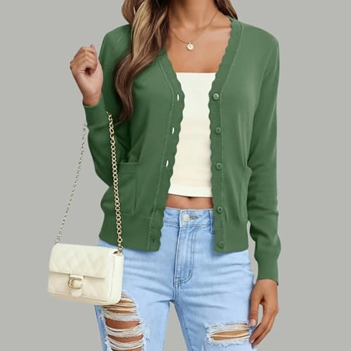 AGSEEM Womens Cardigan Sweaters Long Sleeve V Neck Lightweight Button Up with Pockets Knit Open Front Sweater, Army Green, Medium by AGSEEM - Image 5