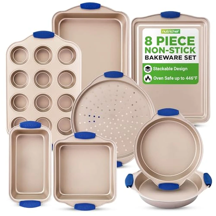 NutriChef Bakeware Set - 8 Piece Nonstick PFOA, PFOS, PTFE-Free Carbon Steel Baking Pans w/ Silicone Handles, Oven Safe Up to 450 degreesF, Pizza, Loaf, Muffin, Round/Square Pans, Cookie Sheet by Nutrichef - Used - Good condition