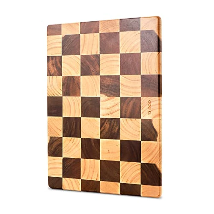 TJ POP End Grain Wooden Chopping Board, Heavy Duty Wood Cutting Board for Kitchen, Reversible Serving Board for Cheese, Bread & Fruits, Rectangular Checkered Cutting Board, 14.5 x 10 x 0.8Inch by TJ POP - Used - Acceptable condition - CA$26.05