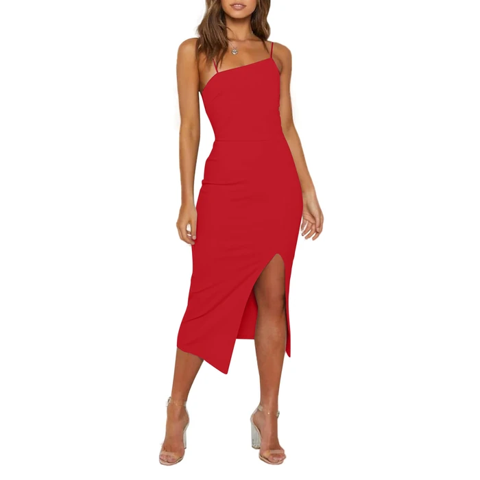 OWIN Women's Red Dress Midi Bodycon Sleeveless Spaghetti Straps Side Slit Cocktail Party Dinner Dress, L by OWIN - Used - Like New condition