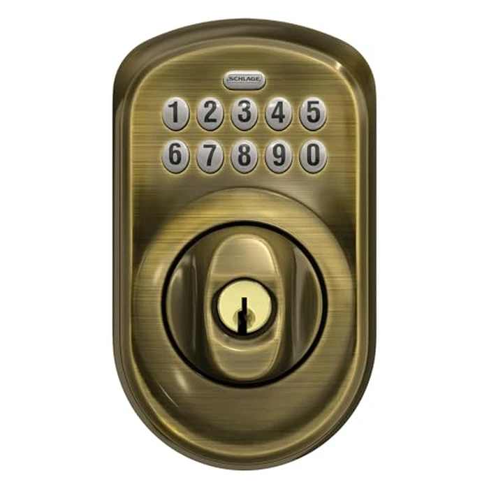 Schlage Plymouth Electronic Keypad Deadbolt Lock, Keyless Front Door Entry, Mechanical Key Backup Included, Antique Brass, BE365 V PLY 609 by SCHLAGE - Image 7