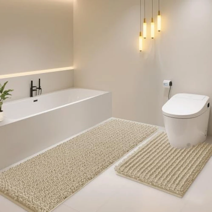 ACCUMTEK Upgrade Luxury 2 Piece Beige Toilet Bathroom Rug Mat U Shape 24"x20"+48"x20", Ultra Soft Thick Absorbent Bath Mats, Non Slip Chenille Toilet Mat for Bathroom, Bedroom, Kitchen, Shower, Tub by ACCUMTEK - Used - Very Good condition - US$30.59