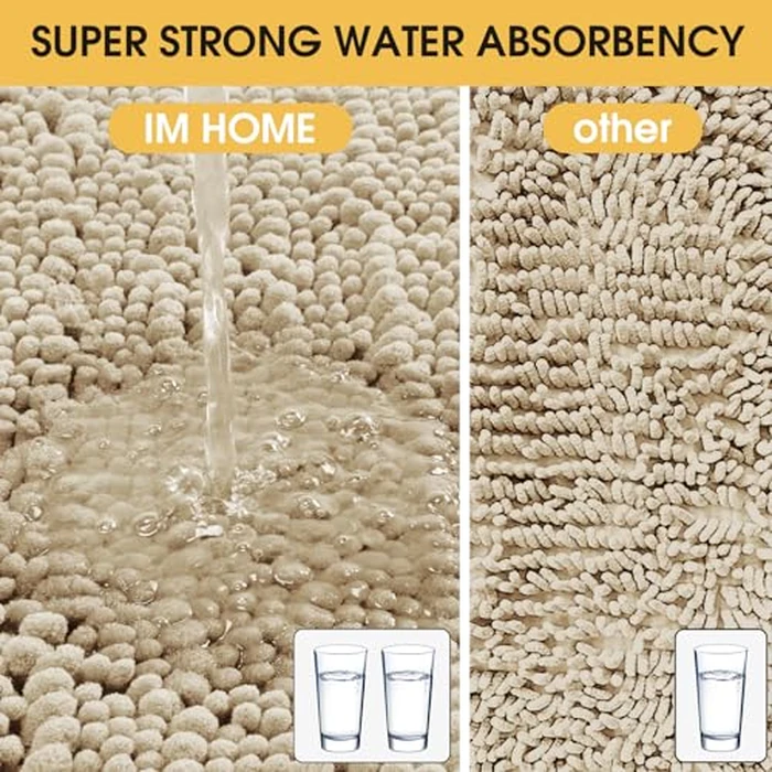 ACCUMTEK Upgrade Luxury 2 Piece Beige Toilet Bathroom Rug Mat U Shape 24"x20"+48"x20", Ultra Soft Thick Absorbent Bath Mats, Non Slip Chenille Toilet Mat for Bathroom, Bedroom, Kitchen, Shower, Tub by ACCUMTEK - Image 3