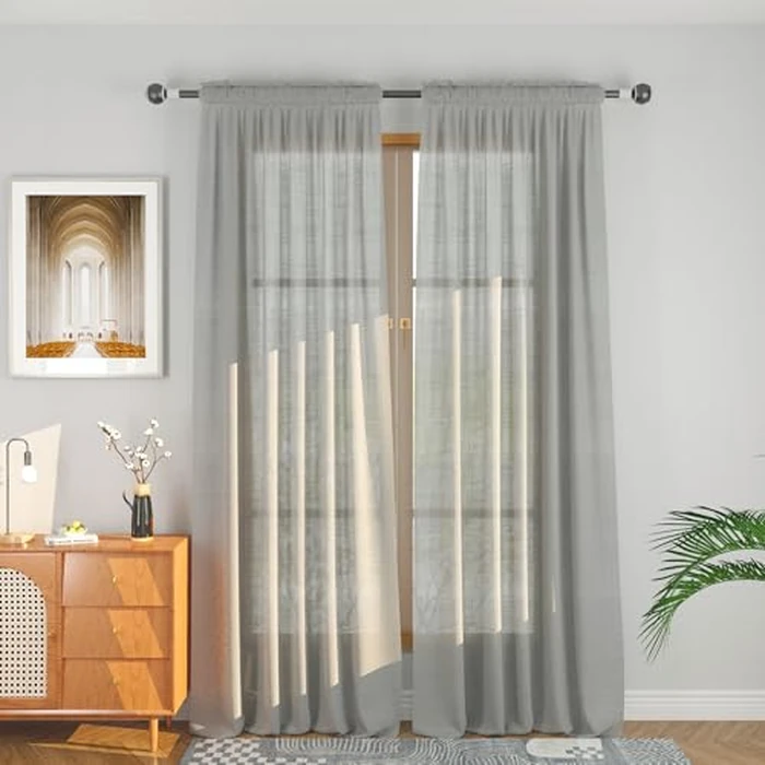 Grey Sheer Curtains 92 inches Linen Texured Farmhouse Living Room Divider Window Curtain Panels Vintage Rustic Bedroom Drapes Sheers Open Weave Kitchen Doorway 2 Panels Rod Pocket 52" Wx92 L by UPOPO - Used - Like New condition