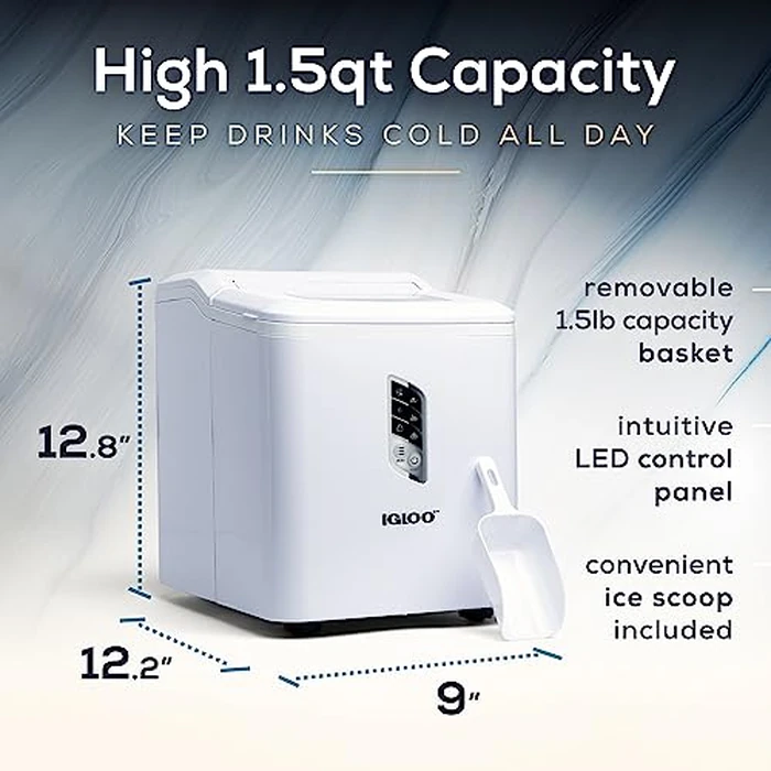 Igloo Portable Ice Maker with Scoop - Countertop Ice Maker with LED Control Panel & 1.5 Qt Water Tank - Ice Maker Produces 26 Lbs. of Ice in 24 Hours with 9 Large or Small Cubes in 7 Minutes- White by Igloo - Image 2