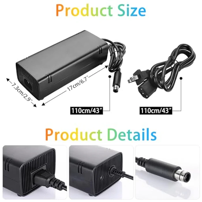 Power Supply for Xbox 360 E, Power Supply Brick with Power Cord, AC Adapter Power for Microsoft Xbox 360 E Console, 100-240V by Finera - Image 6