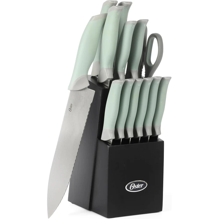 Oster Lindbergh 14 Piece Stainless Steel Kitchen Knife Block Set - Sage Green W/Black Knife Block - Cuchillos para Cocina by Oster - Image 1