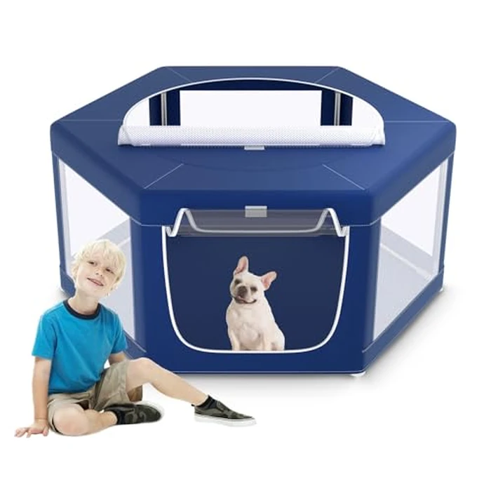 XVISHX 45x45 Inches Hexagonal Type Puppy Playpen, Dog Playpen for Puppies or Small Dogs, DogFence Pet Playpen for Indoor & Outdoor, Sturdy Safety Dog Pen with Thickened Fabric, Breathable Mesh by XVISHX - Used - Like New condition - US$41.57