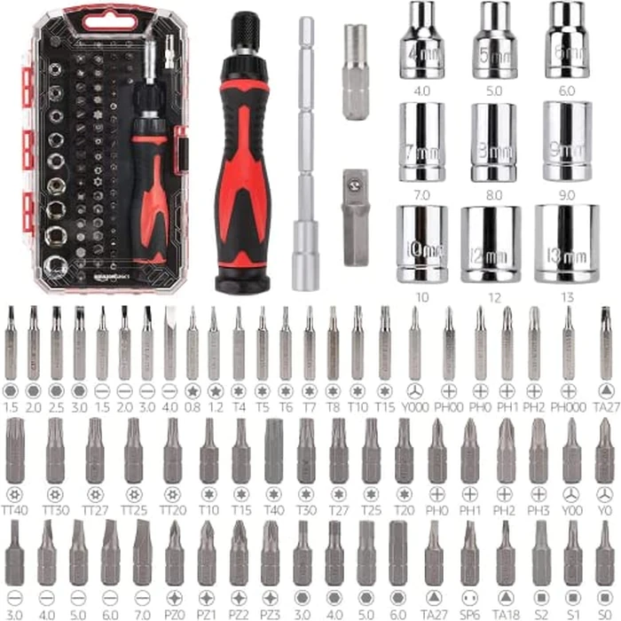 Amazon Basics Magnetic Ratcheting Wrench and Electronics Precision Screwdriver Tool Set, 73-Piece, with Carry Case for Household Repair, Small Jobs, Eyeglasses, Black/Red/Silver by Amazon Basics - Used - Like New condition