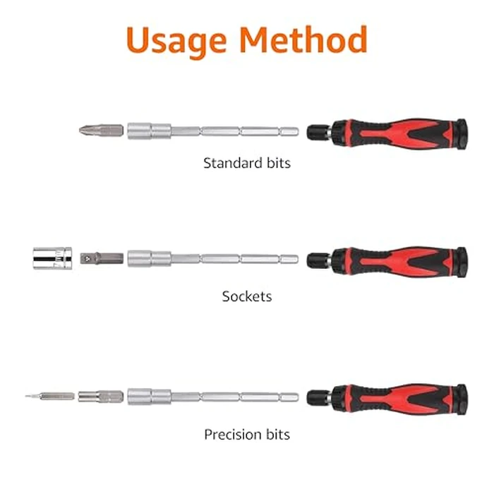 Amazon Basics Magnetic Ratcheting Wrench and Electronics Precision Screwdriver Tool Set, 73-Piece, with Carry Case for Household Repair, Small Jobs, Eyeglasses, Black/Red/Silver by Amazon Basics - Image 3