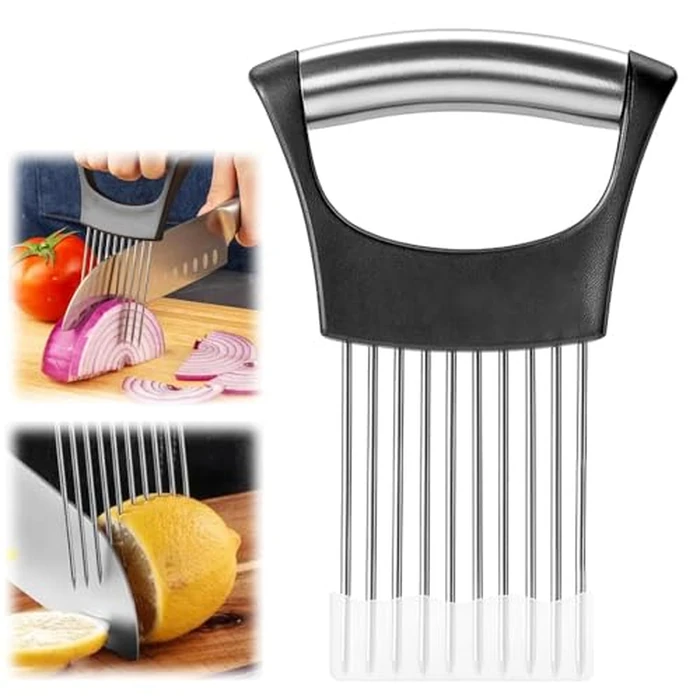 Onion Slicer, Stainless Steel Onion Holder for Slicing with Protective Case, Onion Cutter Tool for Meat Lemon Potato Tomato Avocado Egg Kitchen Slicing Assistant Tool (1 PCS) by WARSPOT - Used - Like New condition - US$12.02