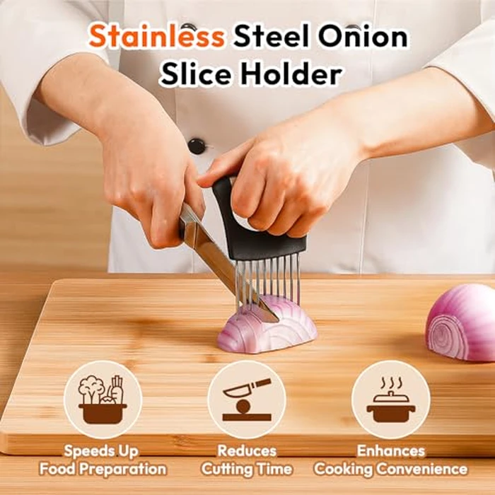 Onion Slicer, Stainless Steel Onion Holder for Slicing with Protective Case, Onion Cutter Tool for Meat Lemon Potato Tomato Avocado Egg Kitchen Slicing Assistant Tool (1 PCS) by WARSPOT - Image 2