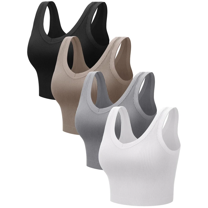 Fourluoo 4 Pack Women Crop Tank Tops Ribbed Seamless Basic Sleeveless Reversible V Neck Crop Tops for Casual Fitness Yoga(Small) by Fourluoo - Image 3