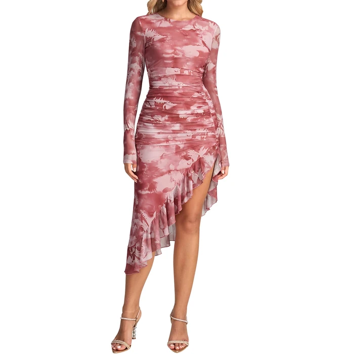 KUTUMAI Long Sleeve Floral Midi Dress Ruffle Slit Ruched Bodycon Fall Cocktail Wedding Guest Dresses for Women PinkFloral S by KUTUMAI - Used - Like New condition