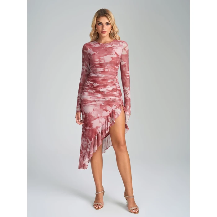 KUTUMAI Long Sleeve Floral Midi Dress Ruffle Slit Ruched Bodycon Fall Cocktail Wedding Guest Dresses for Women PinkFloral S by KUTUMAI - Image 2