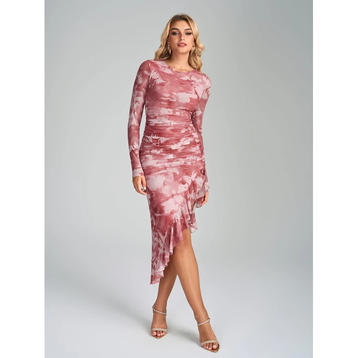 KUTUMAI Long Sleeve Floral Midi Dress Ruffle Slit Ruched Bodycon Fall Cocktail Wedding Guest Dresses for Women PinkFloral S by KUTUMAI - Image 5