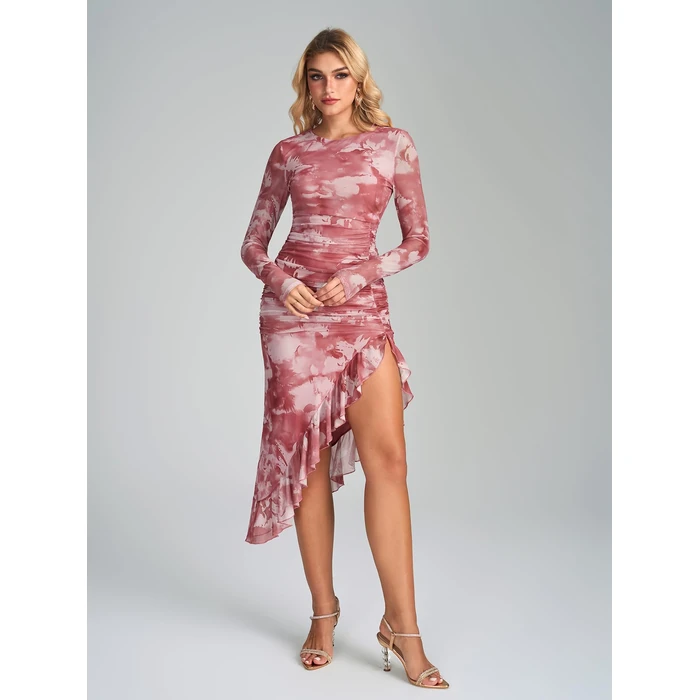 KUTUMAI Long Sleeve Floral Midi Dress Ruffle Slit Ruched Bodycon Fall Cocktail Wedding Guest Dresses for Women PinkFloral S by KUTUMAI - Image 6