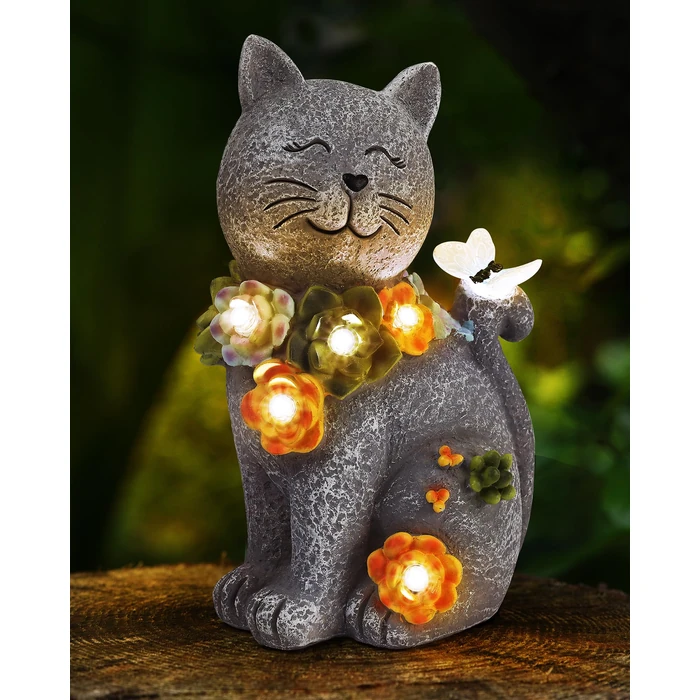 Vuees Solar Garden Statues Outdoor Decor, 6 LED Cat Flowers Butterfly Figurine Lights, Waterproof for Balcony Patio Porch Lawn Yard Ornament Art - Gift Ideas for Housewarming Gardening Grandma Women by Vuees - Image 1
