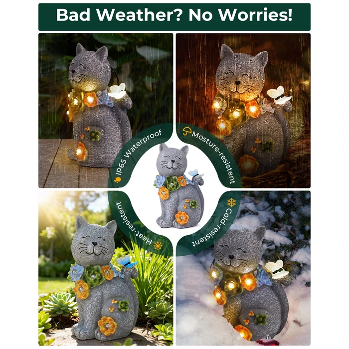 Vuees Solar Garden Statues Outdoor Decor, 6 LED Cat Flowers Butterfly Figurine Lights, Waterproof for Balcony Patio Porch Lawn Yard Ornament Art - Gift Ideas for Housewarming Gardening Grandma Women by Vuees - Image 3