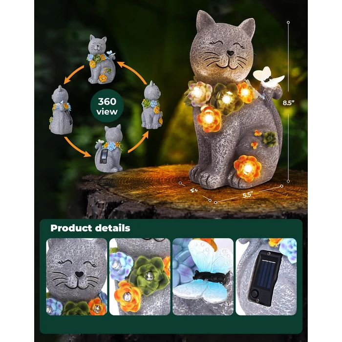 Vuees Solar Garden Statues Outdoor Decor, 6 LED Cat Flowers Butterfly Figurine Lights, Waterproof for Balcony Patio Porch Lawn Yard Ornament Art - Gift Ideas for Housewarming Gardening Grandma Women by Vuees - Image 4
