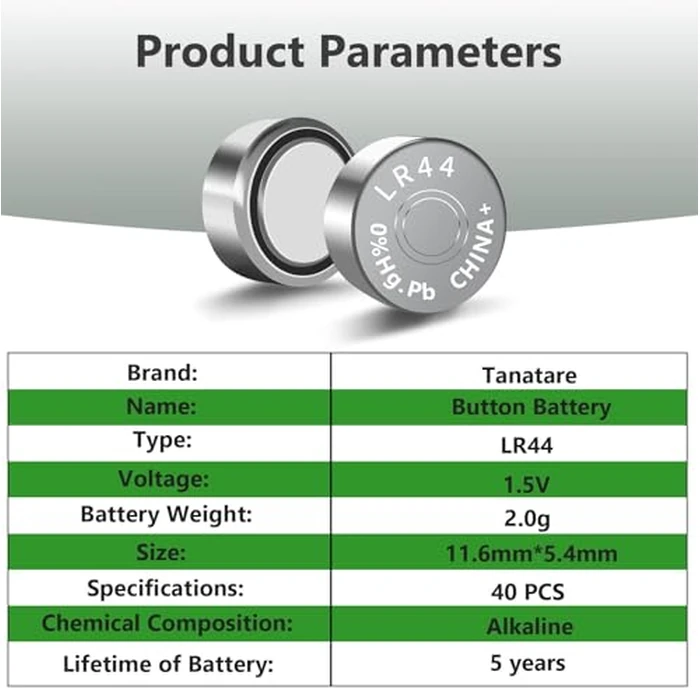 Tanatare 40 Pack LR44 Alkaline Batteries, 1.5V Premium Button Coin Cell Long Lasting for Electronic Devices by Tanatare - Image 6