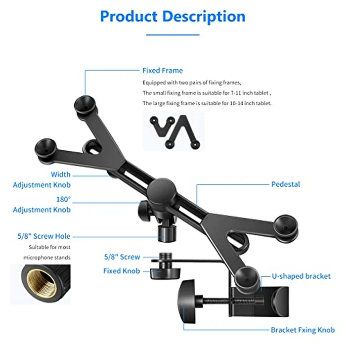 Neewer 7-14 inches Adjustable Tablet Holder Mount with 360 Degree Swivel Clamp for Connecting with Microphone Stand, Compatible with iPad, iPad Pro, iPad Air, Google Nexus Samsung Galaxy by NEEWER - Image 2