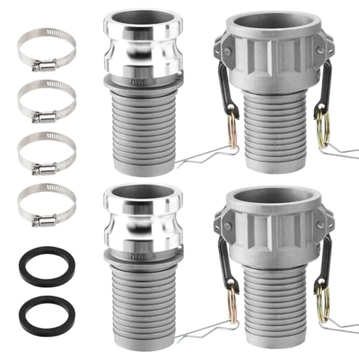 2 PCS Aluminum 2 inch Cam lock Fittings (Part C) Cam and Groove Hose Fitting x 2 PCS Cam lock (2" Type E) Cam and Groove Hose Fitting x 2 Cam lock Gasket Fitting x 4 Hose Clamps by SPARKWHIZ - Used - Like New condition - US$28.49