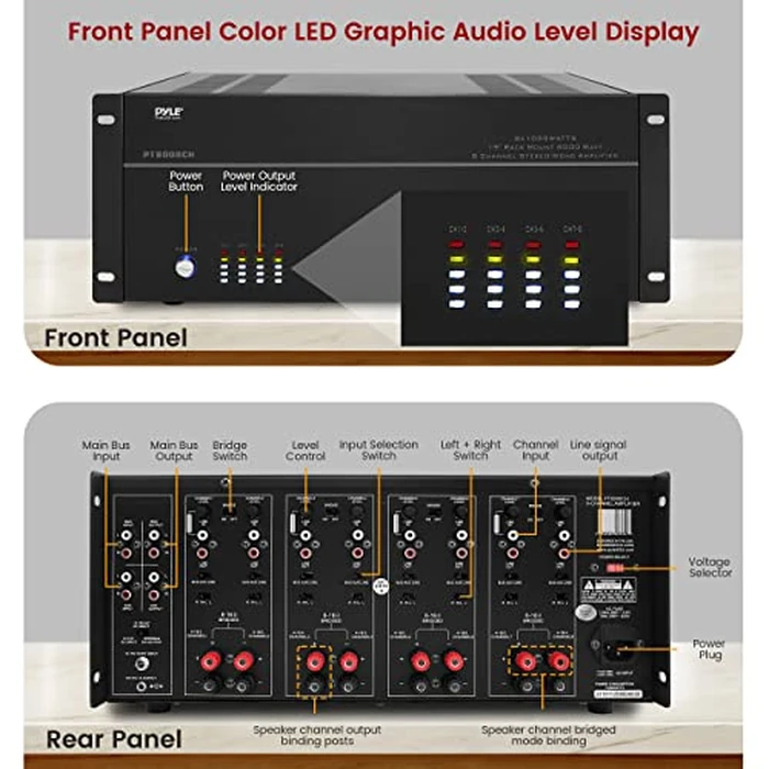 Pyle Multi Zone Audio Amplifier - Stereo Amplifier with 4 Channels, Powerful 8000 Watts with Speaker Selector Volume Control & LED Audio Level Display, 4-Ch. Bridgeable Switches by Pyle - Image 2
