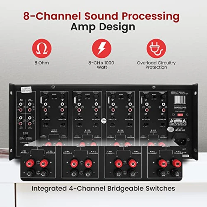 Pyle Multi Zone Audio Amplifier - Stereo Amplifier with 4 Channels, Powerful 8000 Watts with Speaker Selector Volume Control & LED Audio Level Display, 4-Ch. Bridgeable Switches by Pyle - Image 3