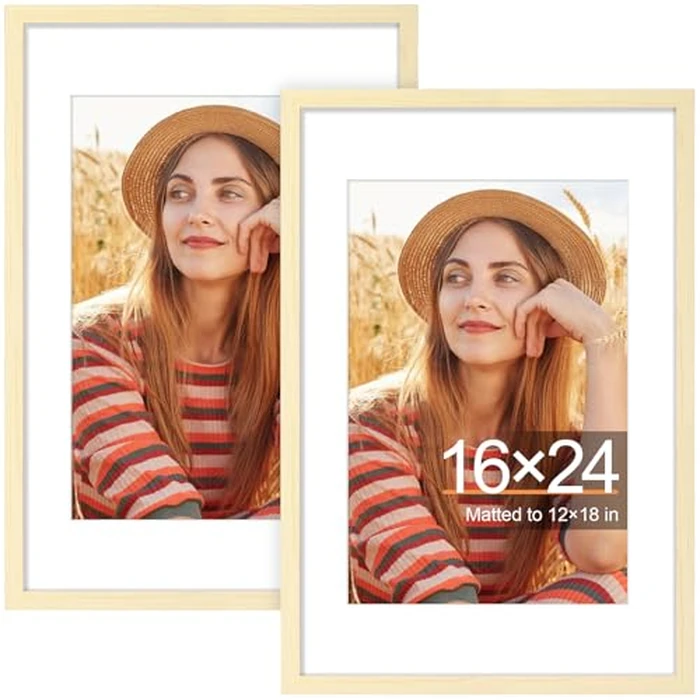 smiry Picture Frame 16x24, Display Pictures 12x18 with Mat or 16x24 without Mat, Photo Frame for Wall or Table Top Display, Natural, 2 Pack by smiry - Used - Acceptable condition - CA$33.59