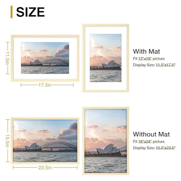 smiry Picture Frame 16x24, Display Pictures 12x18 with Mat or 16x24 without Mat, Photo Frame for Wall or Table Top Display, Natural, 2 Pack by smiry - Image 5
