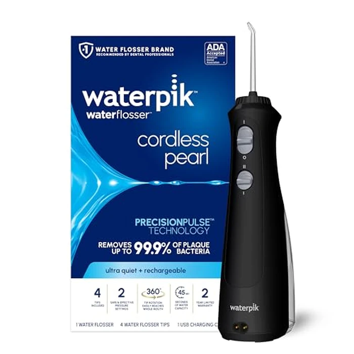Waterpik Cordless Pearl Rechargeable Portable Water Flosser for Teeth, Gums, Braces Care and Travel, Extra Quiet, 4 Flossing Tips - ADA Accepted, WF-13 Black, Amazon Exclusive by Waterpik - Image 1