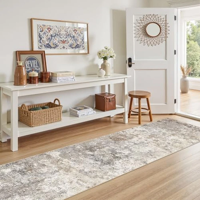UERMEI 2X10 Washable Runner Rug for Hallway: Soft Neutral Modern Abstract Area Rug - Non-Slip Low Pile Long Throw Indoor Carpet for Kitchen Entryway Kitchen Bedroom Laundry - Brown Grey by UERMEI - Image 2