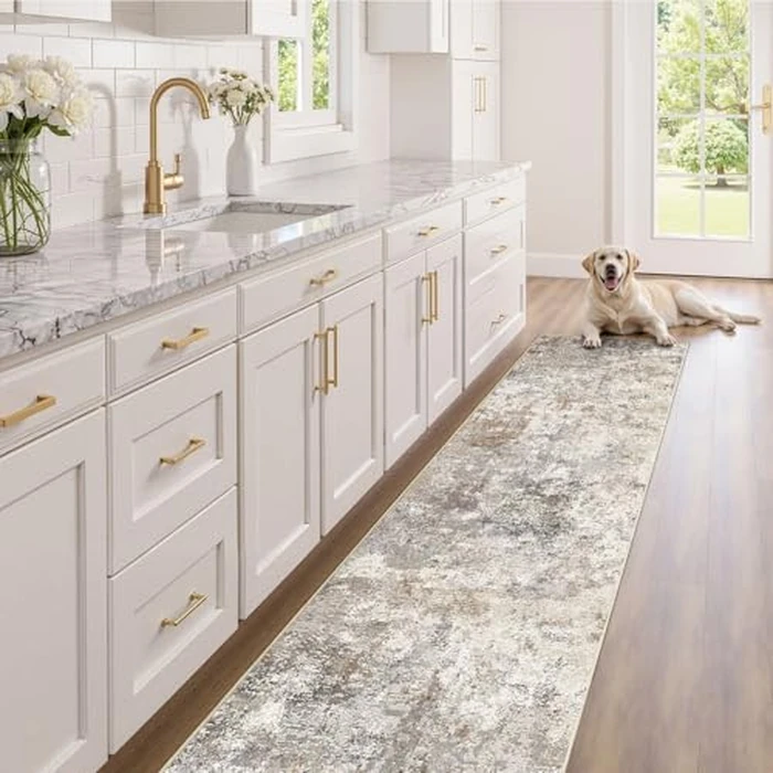 UERMEI 2X10 Washable Runner Rug for Hallway: Soft Neutral Modern Abstract Area Rug - Non-Slip Low Pile Long Throw Indoor Carpet for Kitchen Entryway Kitchen Bedroom Laundry - Brown Grey by UERMEI - Image 3