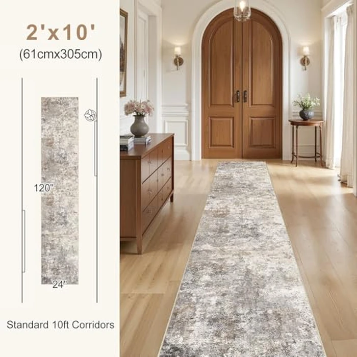 UERMEI 2X10 Washable Runner Rug for Hallway: Soft Neutral Modern Abstract Area Rug - Non-Slip Low Pile Long Throw Indoor Carpet for Kitchen Entryway Kitchen Bedroom Laundry - Brown Grey by UERMEI - Image 5