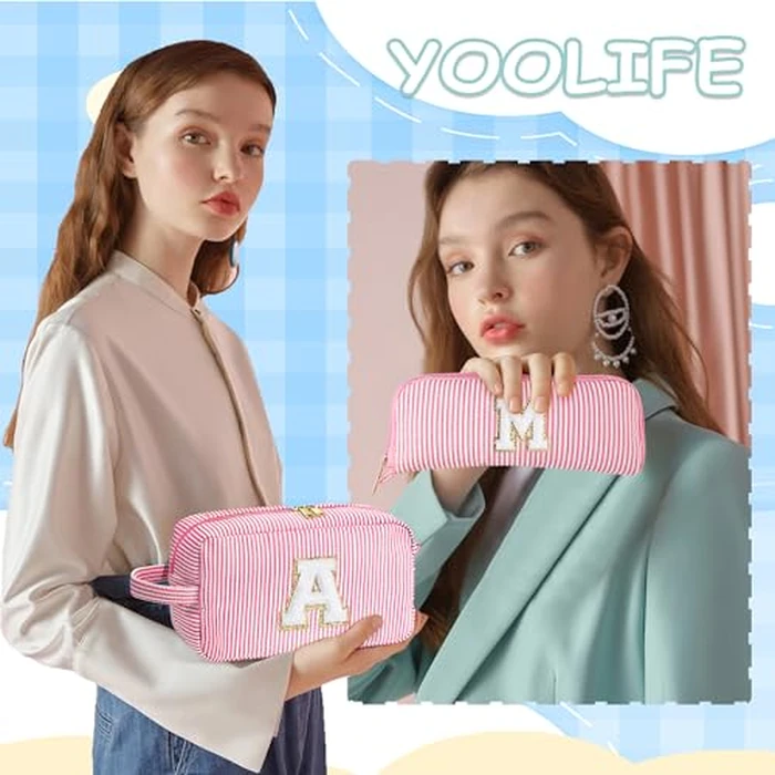 YOOLIFE Travel Cosmetic Bag for Women - Monogram Initial Cute Pink Makeup Bags Cosmetic Toiletry Pouch Make Up Case for Women Her Friend Bridesmaid Teacher, Personalized Birthday Gifts for Women J by YOOLIFE - Image 2