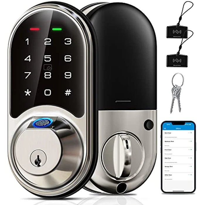 Veise RZ07 Fingerprint Smart Lock, 7-in-1 Smart Locks for Front Door, Keyless Entry Door Lock with App Control, Biometric Electronic Touchscreen Keypad Deadbolt, Satin Nickel by Veise - Used - Very Good condition