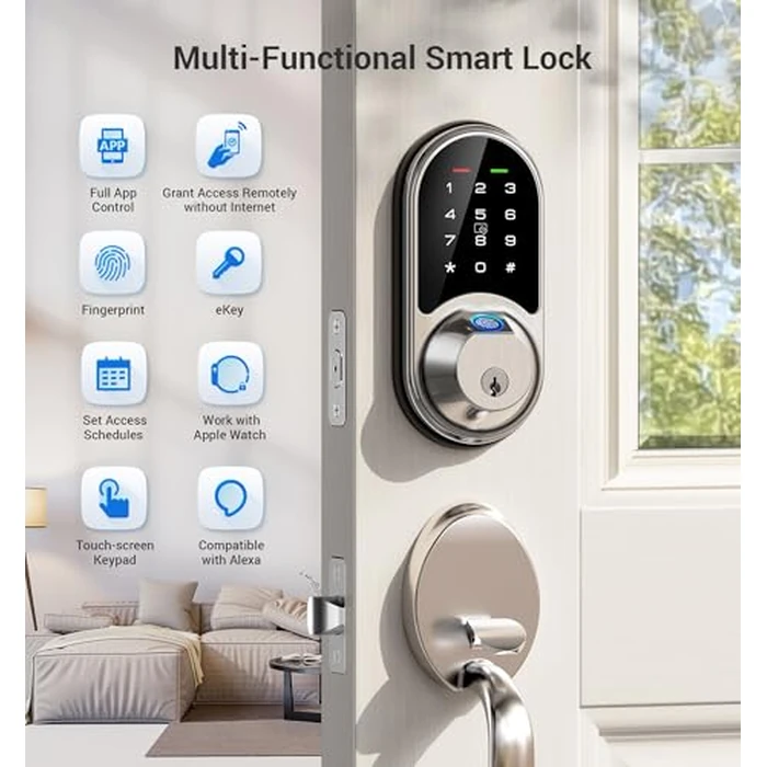 Veise RZ07 Fingerprint Smart Lock, 7-in-1 Smart Locks for Front Door, Keyless Entry Door Lock with App Control, Biometric Electronic Touchscreen Keypad Deadbolt, Satin Nickel by Veise - Image 4