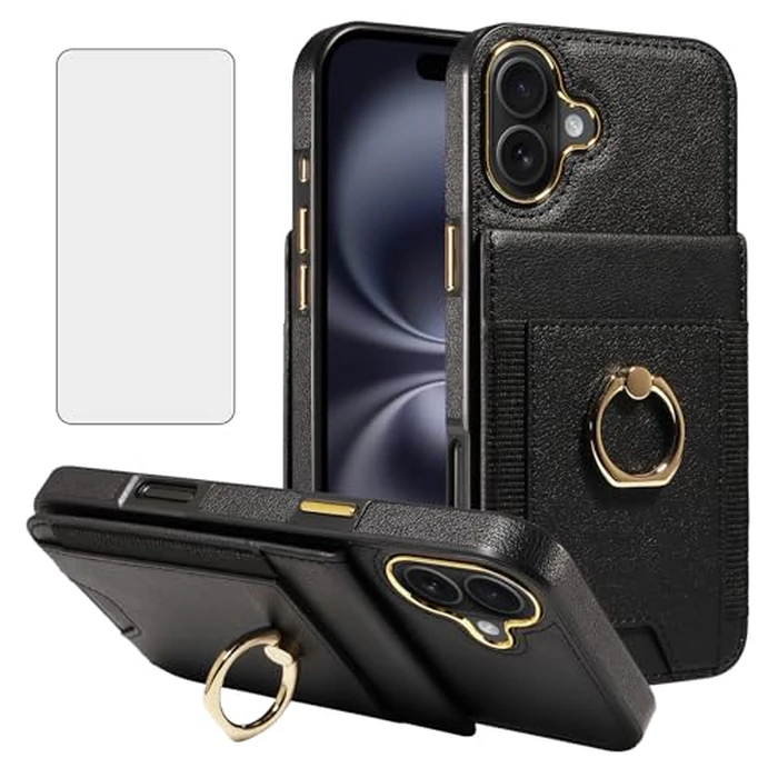 Asuwish Phone Case for iPhone 16 Plus 6.7 inch Wallet Cell Cover with Tempered Glass Screen Protector Slim PU Leather Card Holder Slot RFID Blocking Ring Stand i Phone16 16+ i16 + 16Plus Black by Asuwish - Used - Like New condition