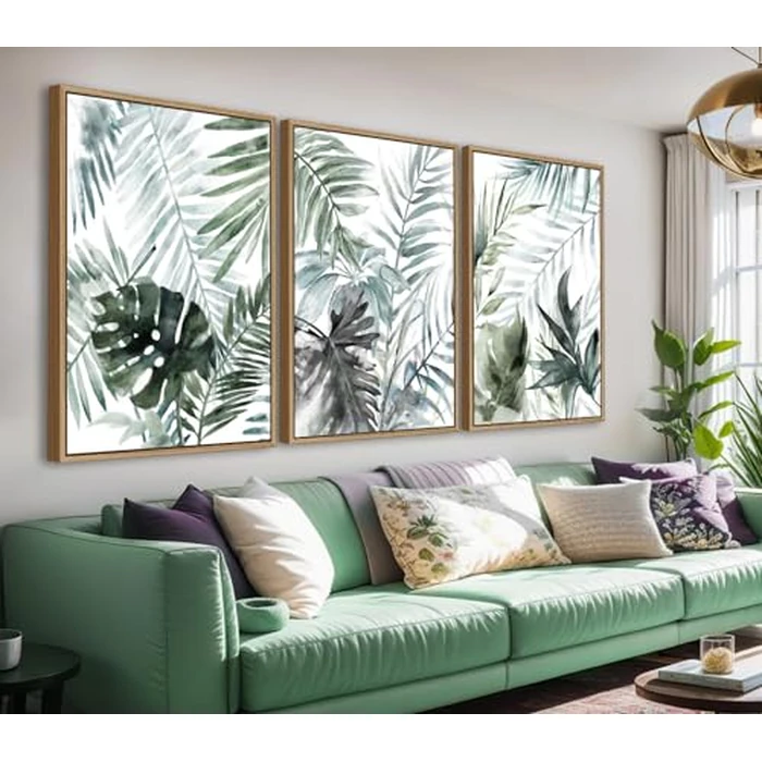 Large Framed Canvas Wall Art - Natural Float Framed Tropic Leaf Pictures Wall Art Prints for Living Room Decor Green Plants Artwork for Bedroom Kitchen Home Office Decoration 120 X 60 CM Set of 3 by linglingdog - Image 1