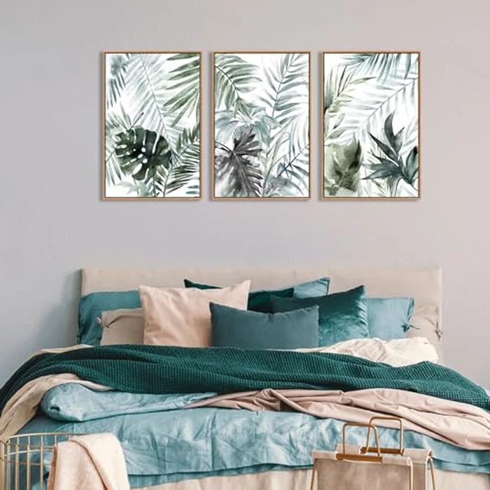 Large Framed Canvas Wall Art - Natural Float Framed Tropic Leaf Pictures Wall Art Prints for Living Room Decor Green Plants Artwork for Bedroom Kitchen Home Office Decoration 120 X 60 CM Set of 3 by linglingdog - Image 2