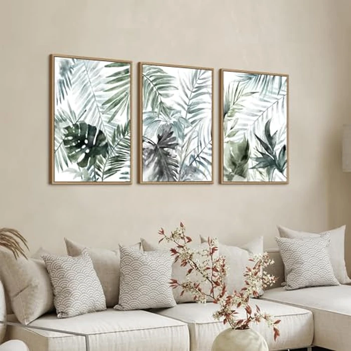 Large Framed Canvas Wall Art - Natural Float Framed Tropic Leaf Pictures Wall Art Prints for Living Room Decor Green Plants Artwork for Bedroom Kitchen Home Office Decoration 120 X 60 CM Set of 3 by linglingdog - Image 3