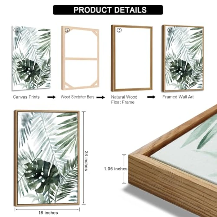 Large Framed Canvas Wall Art - Natural Float Framed Tropic Leaf Pictures Wall Art Prints for Living Room Decor Green Plants Artwork for Bedroom Kitchen Home Office Decoration 120 X 60 CM Set of 3 by linglingdog - Image 6