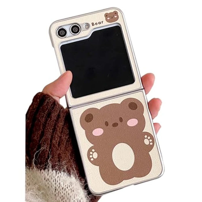 GO-VOLMON Kawaii Cartoon Bear Case for Samsung Galaxy Z Flip 5 Lovely Design, Girls Protective Cover Faux Leather Plating Frame Fabric Inside, Woman Cute Phone Case for Z Flip 5 -White by GO-VOLMON - Used - Like New condition