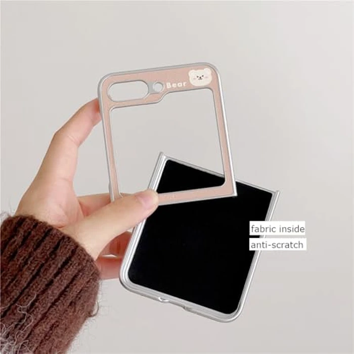 GO-VOLMON Kawaii Cartoon Bear Case for Samsung Galaxy Z Flip 5 Lovely Design, Girls Protective Cover Faux Leather Plating Frame Fabric Inside, Woman Cute Phone Case for Z Flip 5 -White by GO-VOLMON - Image 3