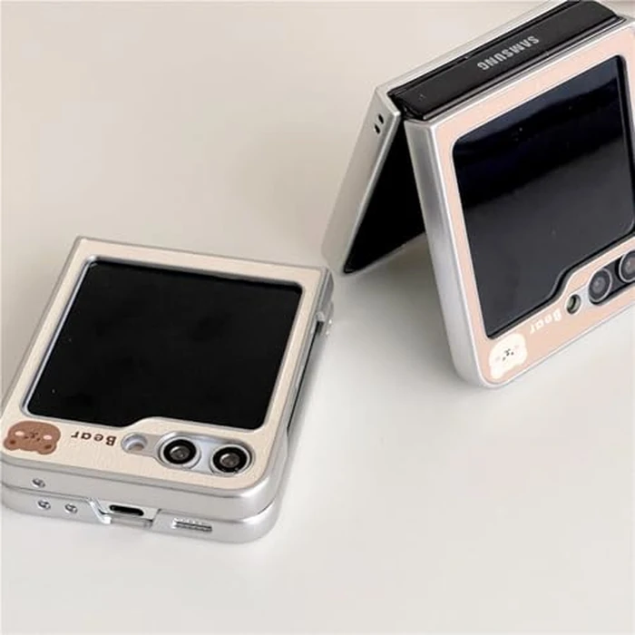 GO-VOLMON Kawaii Cartoon Bear Case for Samsung Galaxy Z Flip 5 Lovely Design, Girls Protective Cover Faux Leather Plating Frame Fabric Inside, Woman Cute Phone Case for Z Flip 5 -White by GO-VOLMON - Image 4