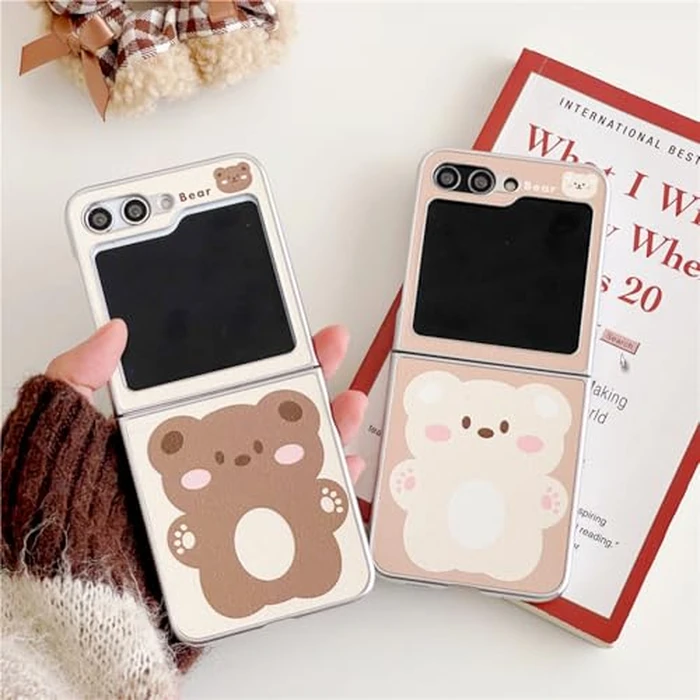 GO-VOLMON Kawaii Cartoon Bear Case for Samsung Galaxy Z Flip 5 Lovely Design, Girls Protective Cover Faux Leather Plating Frame Fabric Inside, Woman Cute Phone Case for Z Flip 5 -White by GO-VOLMON - Image 5