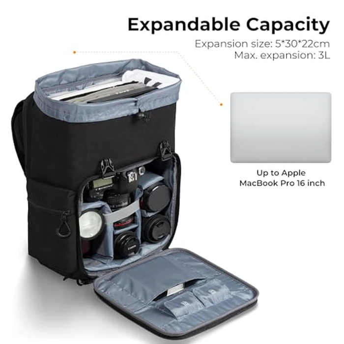 K&F Concept Camera Backpack, Hard Shell Camera Bag, Large Capacity Photography Backpack with 15.6" Laptop Compartment & Tripod Holder & Rain Cover, Backpack for DSLR SLR Cameras and Accessories by K&F CONCEPT - Image 4